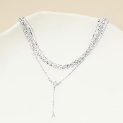 Madeline Love Clear, Silver, White Gold White Gold Dipped Marquise Stone Cluster Triangle Cluster Lariat Drop Accent Mixed Chain Layered Necklace - Necklaces