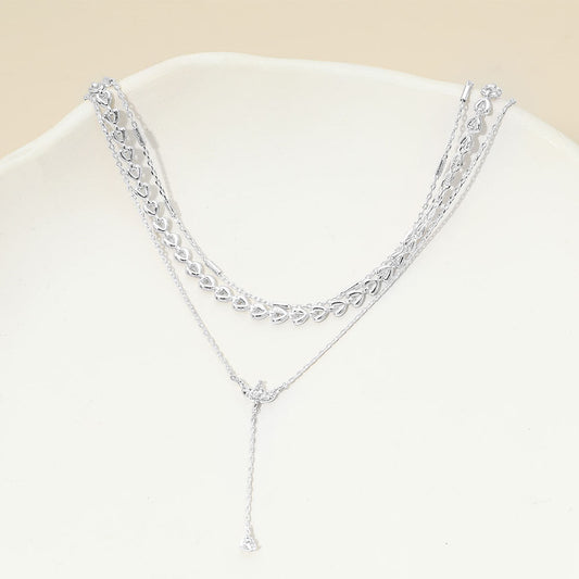Madeline Love Clear, Silver, White Gold White Gold Dipped Marquise Stone Cluster Triangle Cluster Lariat Drop Accent Mixed Chain Layered Necklace - Necklaces