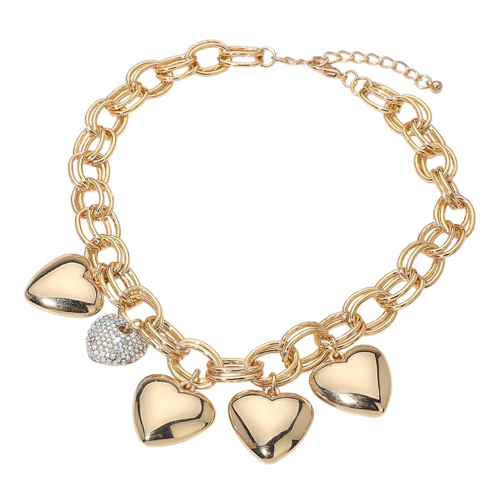 Madeline Love Gold Chunky Heart Charm Embellished Statement Necklace - Necklaces - extra