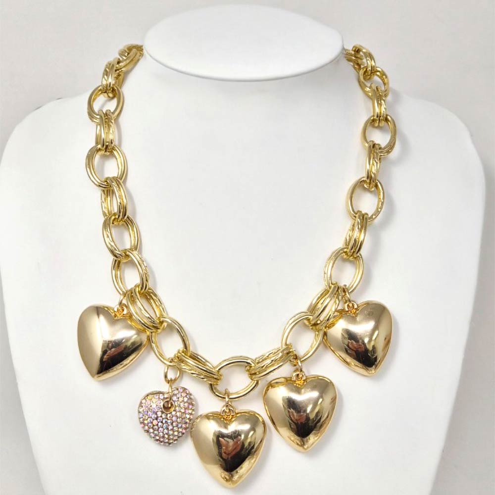 Madeline Love Gold Chunky Heart Charm Embellished Statement Necklace - Necklaces - extra