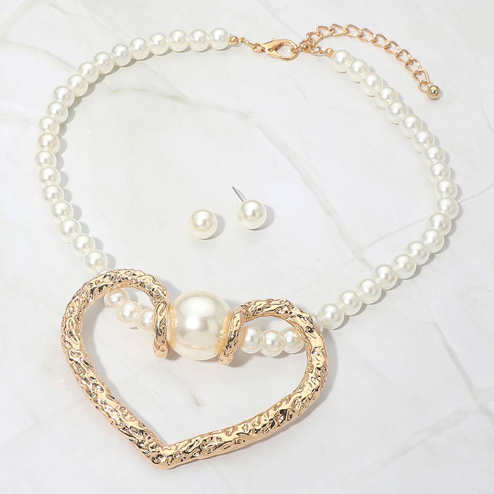 Madeline Love Cream, Gold Bold Heart Pendant Pearl Beaded Statement Necklace - Necklaces - desc