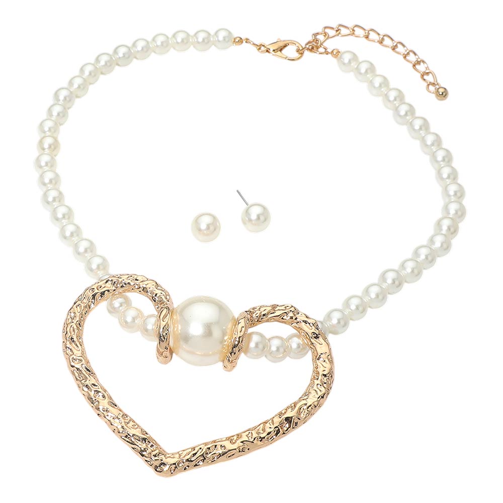 Madeline Love Cream, Gold Bold Heart Pendant Pearl Beaded Statement Necklace - Necklaces - extra