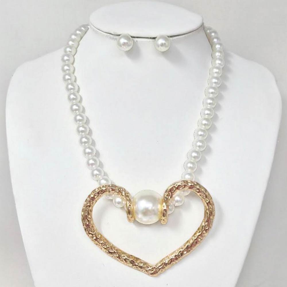 Madeline Love Cream, Gold Bold Heart Pendant Pearl Beaded Statement Necklace - Necklaces - extra