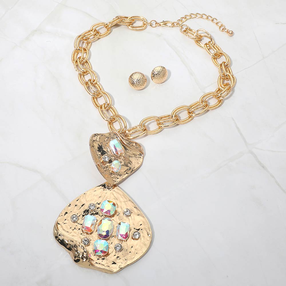 Madeline Love AB, Gold Bold Stone Embellished Abstract Pendant Chunky Chain Statement Necklace - Necklaces