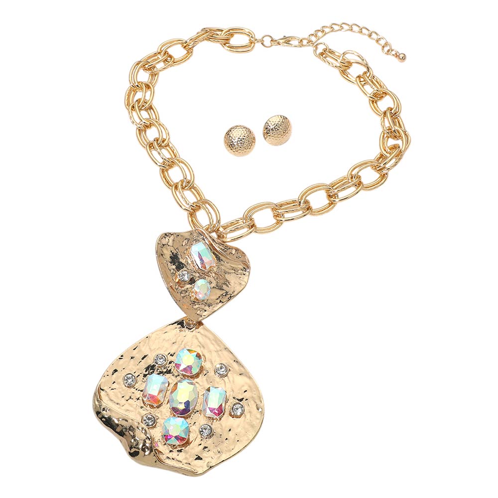 Madeline Love AB, Gold Bold Stone Embellished Abstract Pendant Chunky Chain Statement Necklace - Necklaces - desc