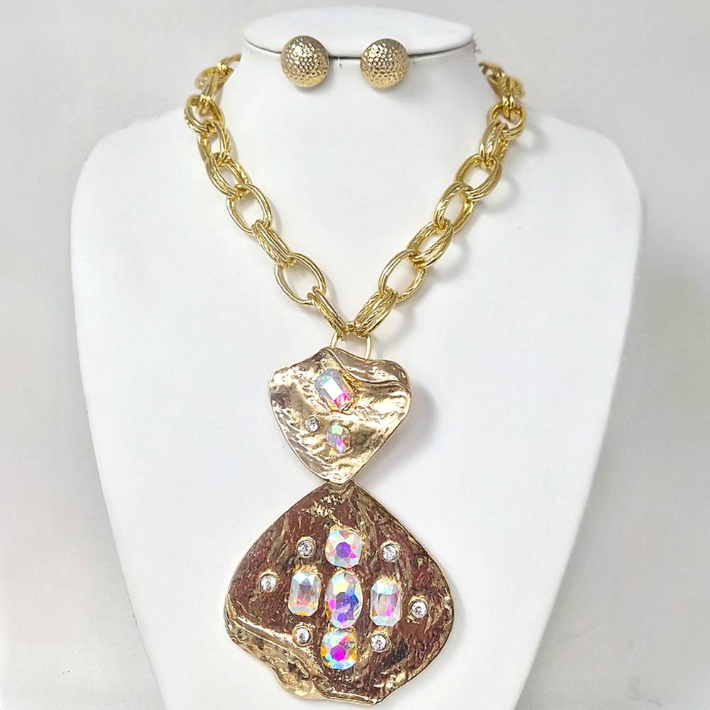 Madeline Love AB, Gold Bold Stone Embellished Abstract Pendant Chunky Chain Statement Necklace - Necklaces - extra