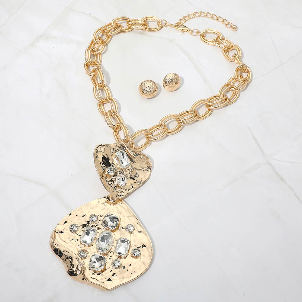 Madeline Love Clear, Gold Bold Stone Embellished Abstract Pendant Chunky Chain Statement Necklace - Necklaces