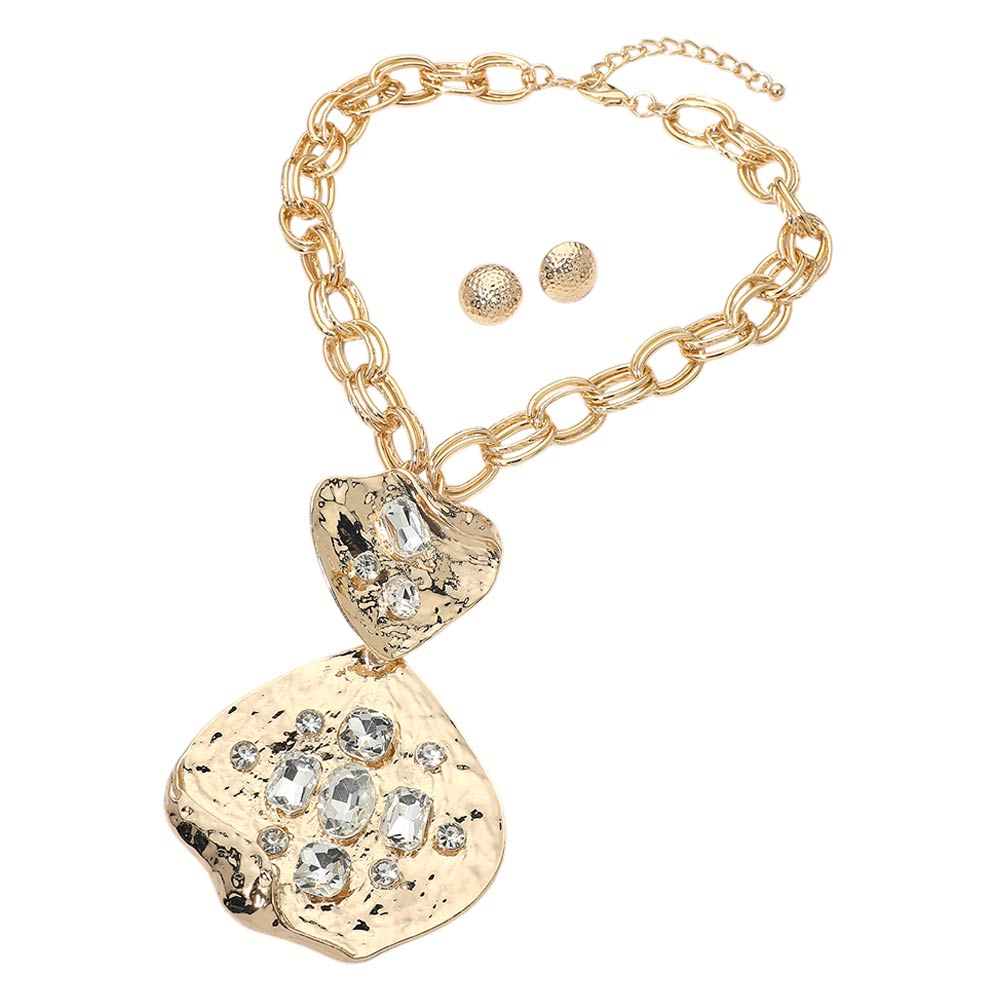 Madeline Love Clear, Gold Bold Stone Embellished Abstract Pendant Chunky Chain Statement Necklace - Necklaces - desc