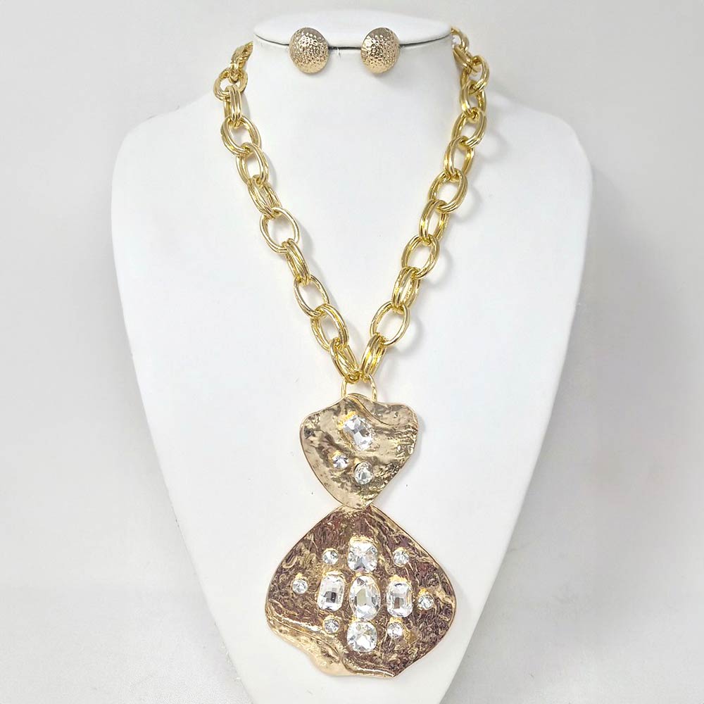 Madeline Love Clear, Gold Bold Stone Embellished Abstract Pendant Chunky Chain Statement Necklace - Necklaces - extra