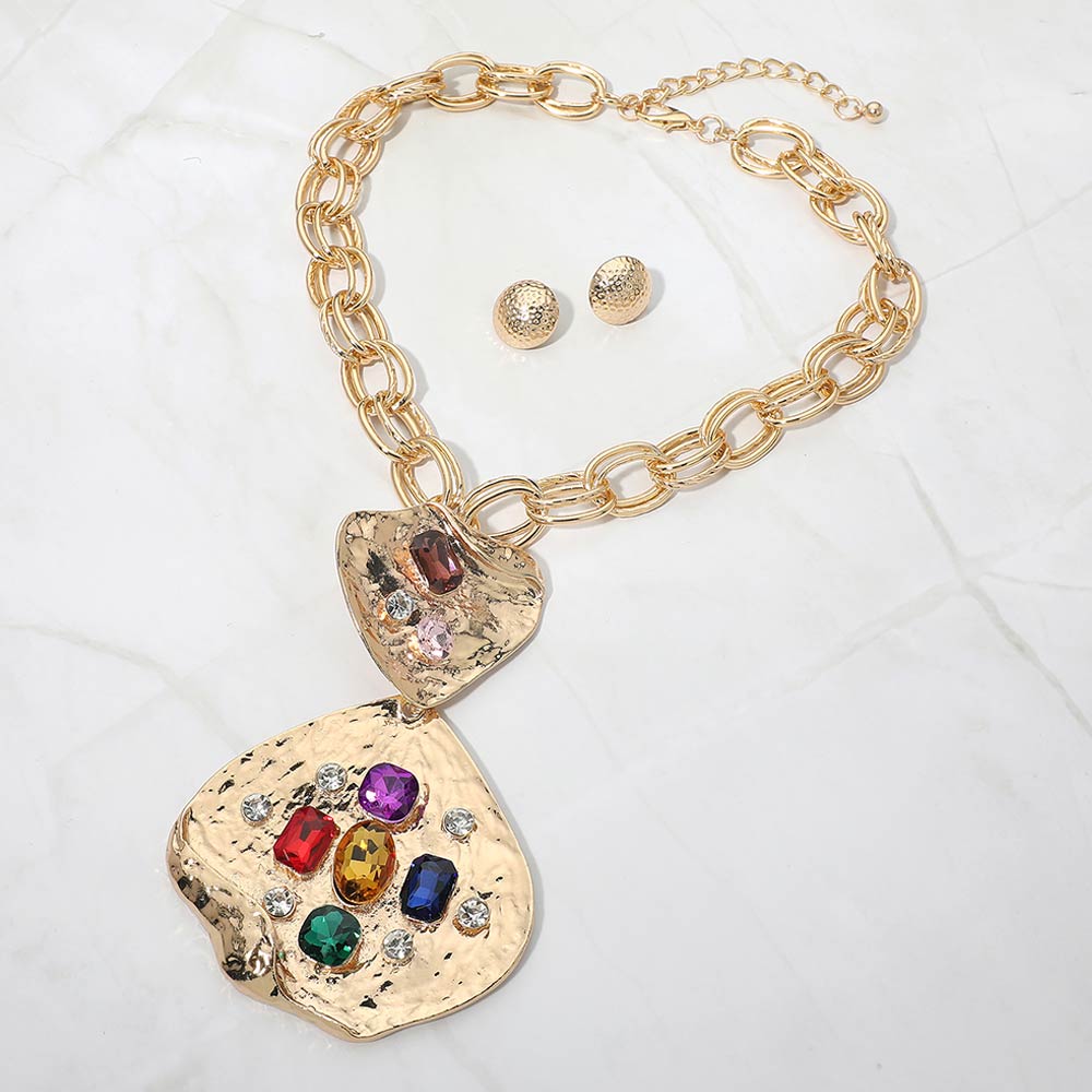 Madeline Love Gold, Multi Bold Stone Embellished Abstract Pendant Chunky Chain Statement Necklace - Necklaces - desc