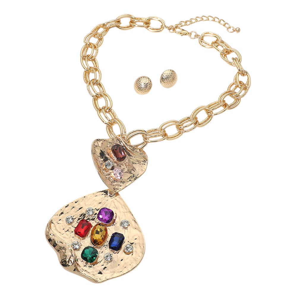 Madeline Love Gold, Multi Bold Stone Embellished Abstract Pendant Chunky Chain Statement Necklace - Necklaces - extra