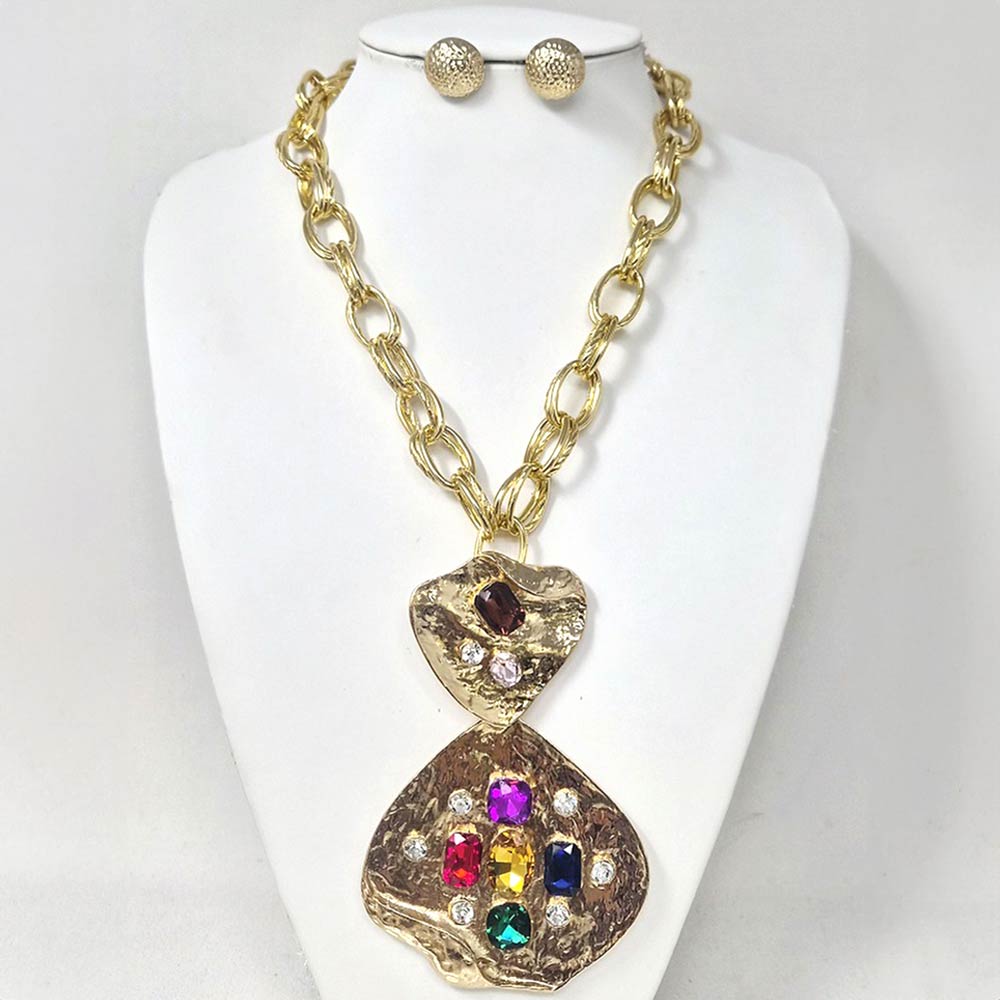 Madeline Love Gold, Multi Bold Stone Embellished Abstract Pendant Chunky Chain Statement Necklace - Necklaces - extra