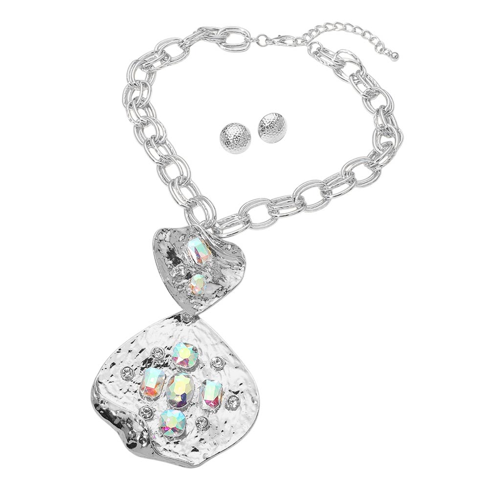 Madeline Love AB, Silver Bold Stone Embellished Abstract Pendant Chunky Chain Statement Necklace - Necklaces - extra