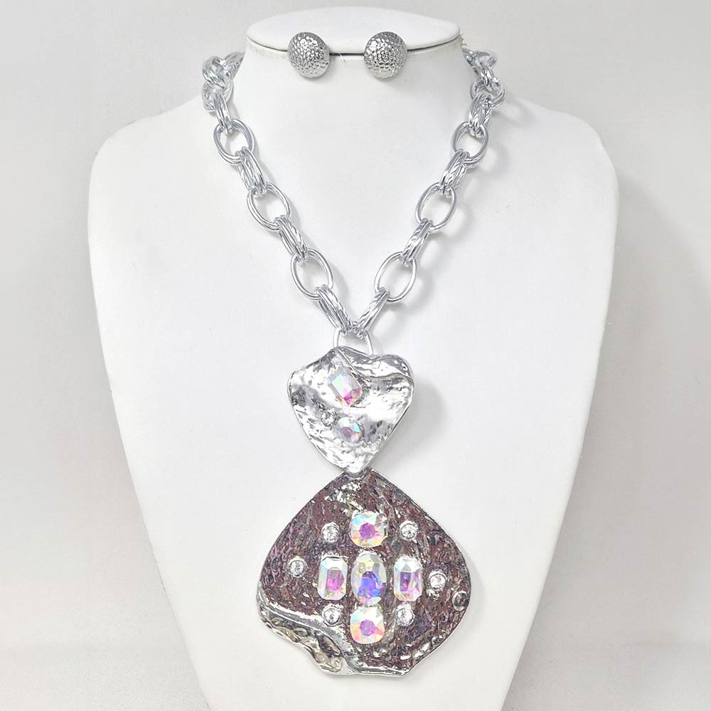 Madeline Love AB, Silver Bold Stone Embellished Abstract Pendant Chunky Chain Statement Necklace - Necklaces - extra