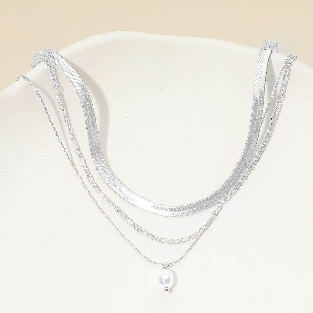 Madeline Love Cream, Silver, White Gold White Gold Dipped Pearl Accent Herringbone Chain Layered Necklace - Necklaces