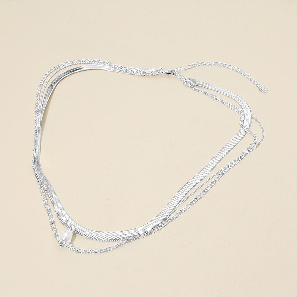 Madeline Love Cream, Silver, White Gold White Gold Dipped Pearl Accent Herringbone Chain Layered Necklace - Necklaces - desc