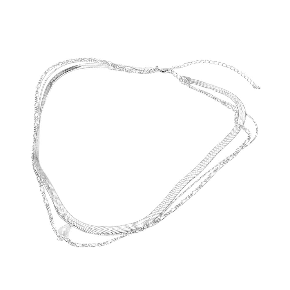 Madeline Love Cream, Silver, White Gold White Gold Dipped Pearl Accent Herringbone Chain Layered Necklace - Necklaces - extra