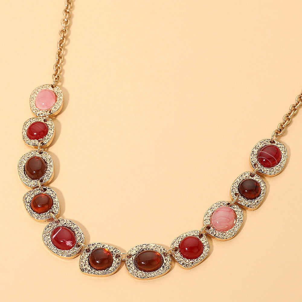 Madeline Love Antique Gold, Burgundy Boho Natural Stone Frame Link Necklace
