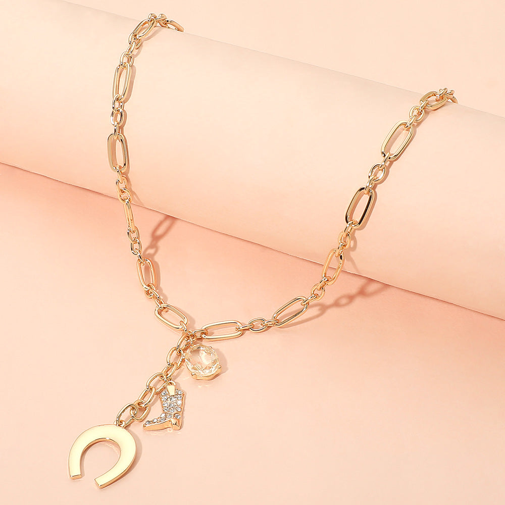 Madeline Love Gold Horseshoe Cowboy Boot Pearl Charm Drop Paperclip Chain Necklace - Necklaces