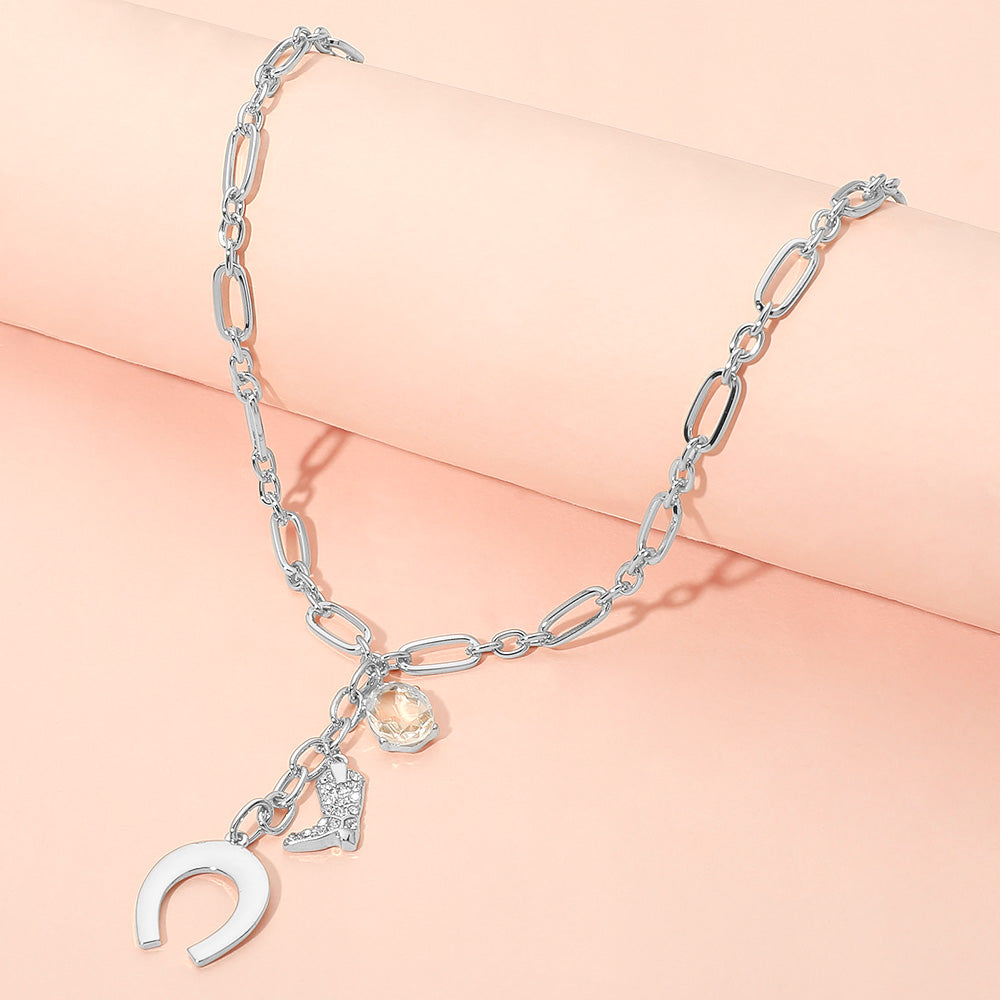 Madeline Love Silver Horseshoe Cowboy Boot Pearl Charm Drop Paperclip Chain Necklace - Necklaces