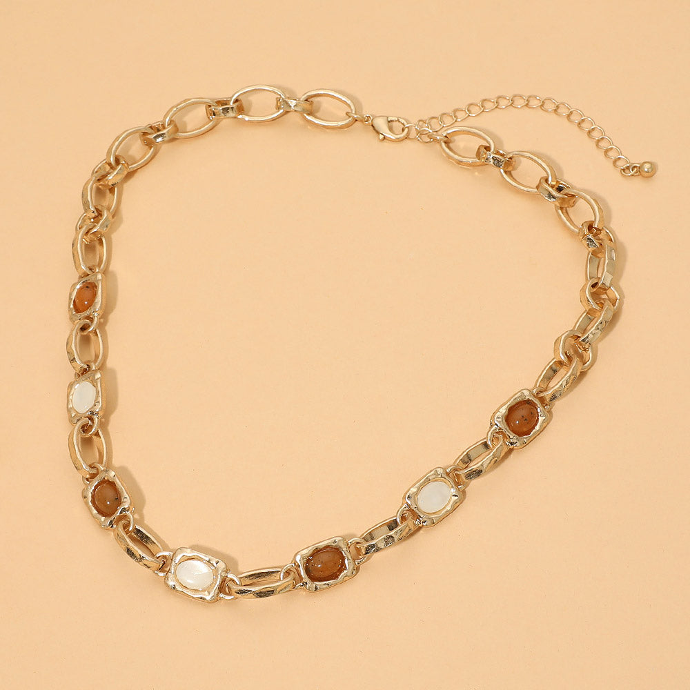 Madeline Love Mother of Pearl, Worn Gold Oval Cabochon Frame Link Chunky Chain Necklace