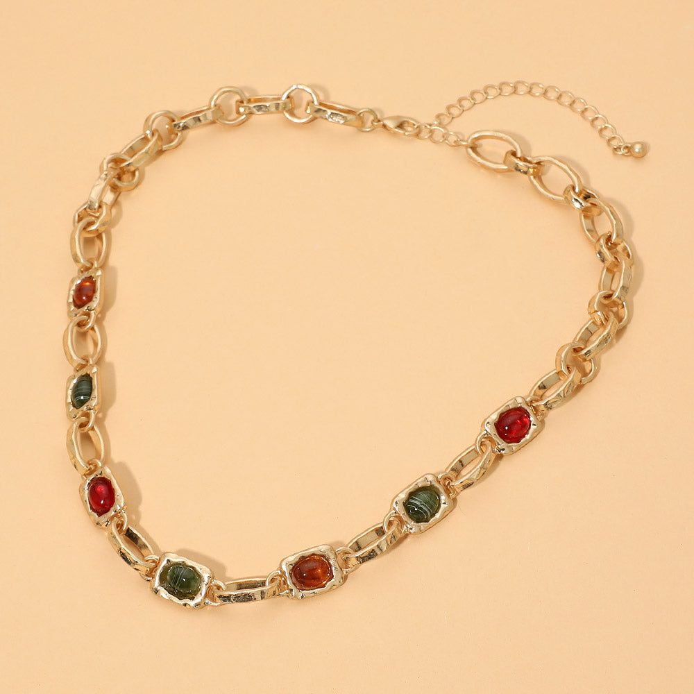 Madeline Love Multi, Worn Gold Oval Cabochon Frame Link Chunky Chain Necklace