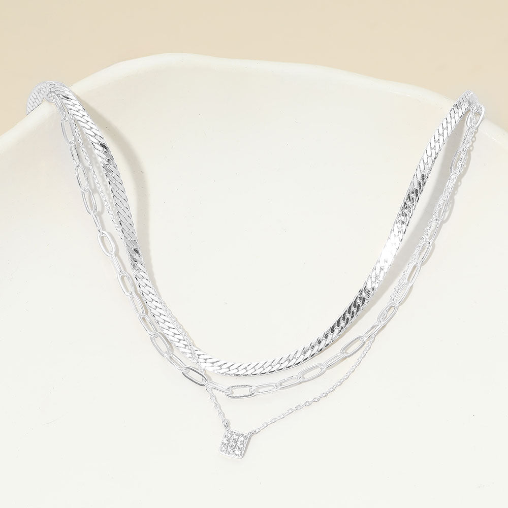 Madeline Love Clear, Silver, White Gold White Gold Dipped Stone Pave Square Pendant Accent Herringbone Paperclip Chain Layered Necklace - Necklaces