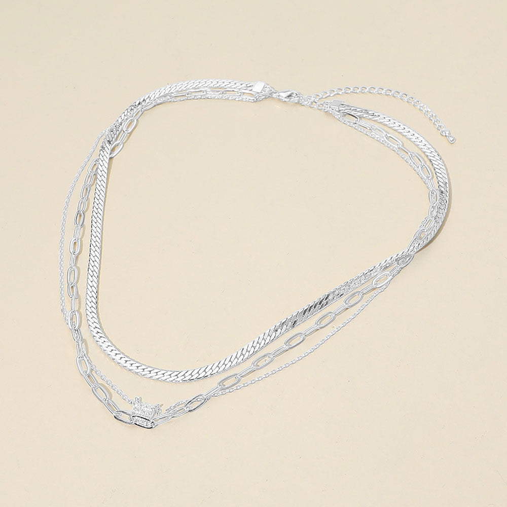 Madeline Love Clear, Silver, White Gold White Gold Dipped Stone Pave Square Pendant Accent Herringbone Paperclip Chain Layered Necklace - Necklaces - desc