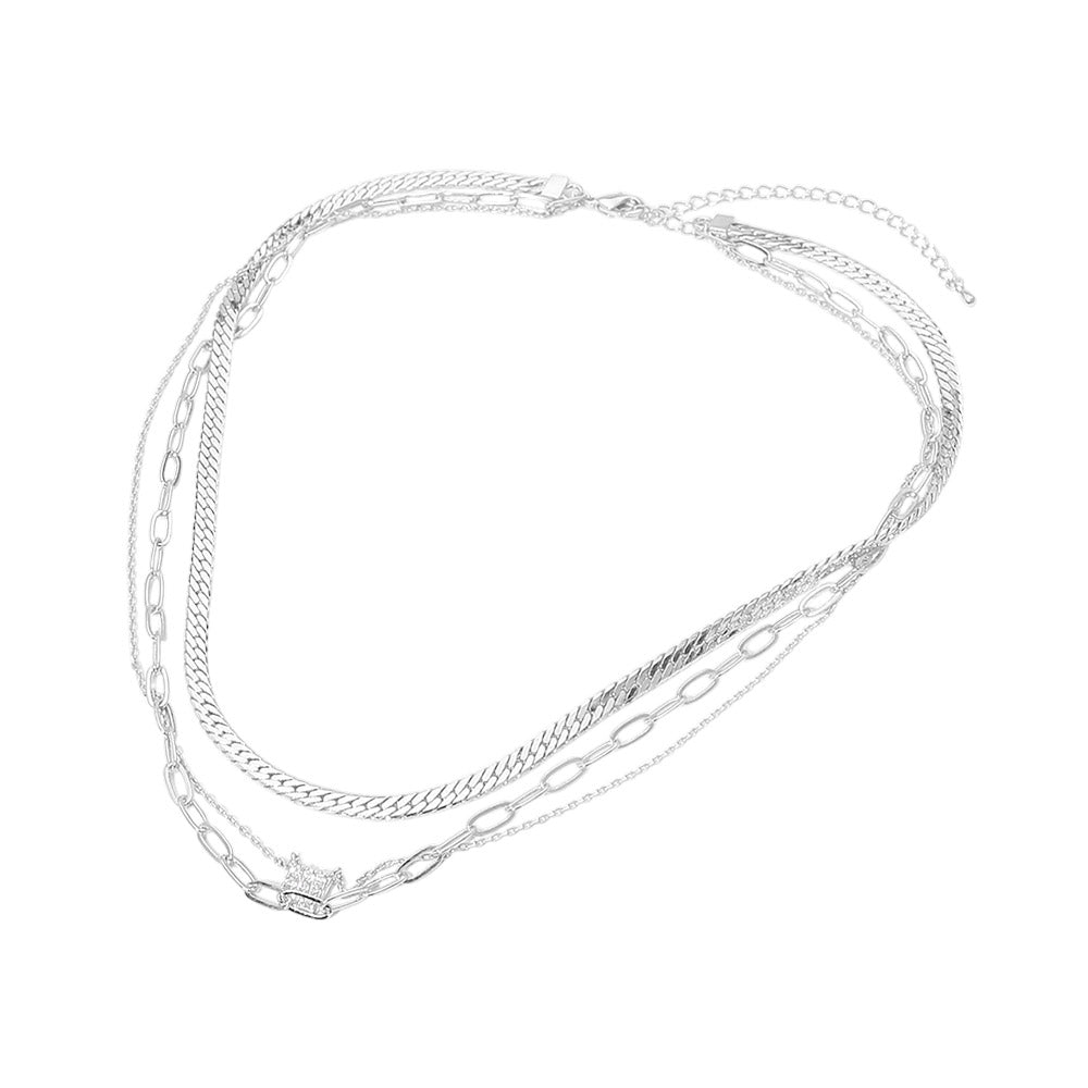 Madeline Love Clear, Silver, White Gold White Gold Dipped Stone Pave Square Pendant Accent Herringbone Paperclip Chain Layered Necklace - Necklaces - extra