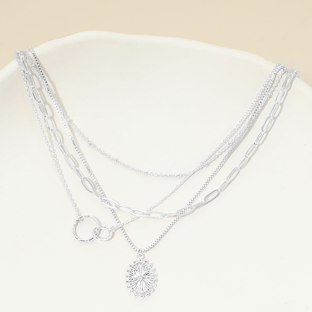 Madeline Love Clear, Silver, White Gold White Gold Dipped Oval Sunburst Charm Accent Mixed Chain Layered Necklace - Necklaces