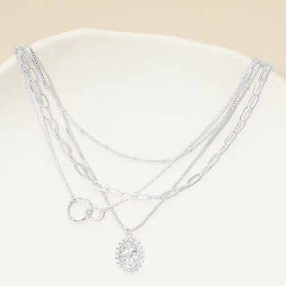 Madeline Love Clear, Silver, White Gold White Gold Dipped Oval Sunburst Charm Accent Mixed Chain Layered Necklace - Necklaces