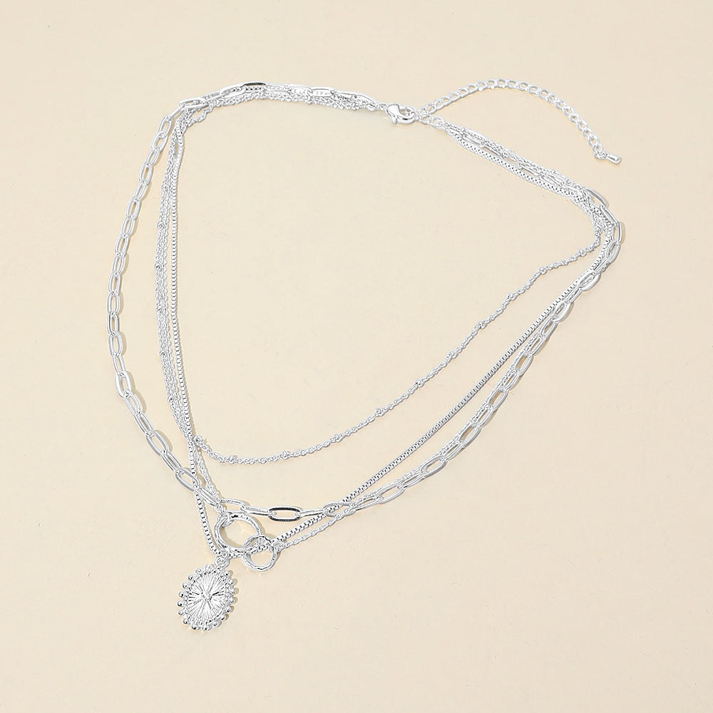 Madeline Love Clear, Silver, White Gold White Gold Dipped Oval Sunburst Charm Accent Mixed Chain Layered Necklace - Necklaces - desc