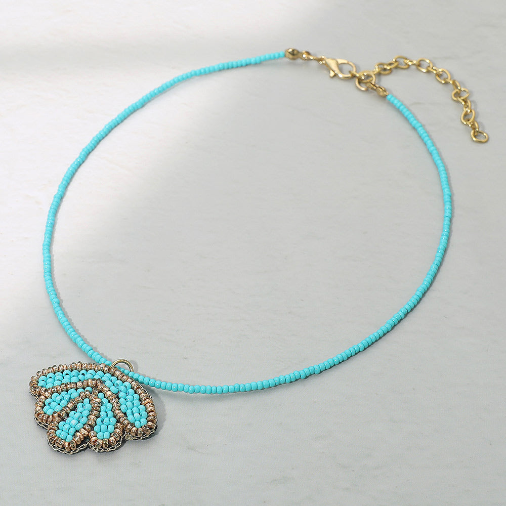 Madeline Love Turquoise Felt Back Seed Beaded Shell Pendant Necklace - Necklaces