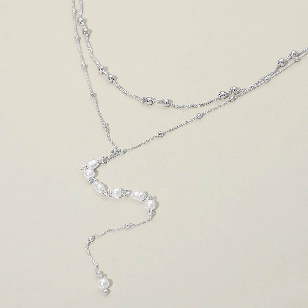 Madeline Love Cream, Silver Layered Pearl Drop Earrings - Necklaces