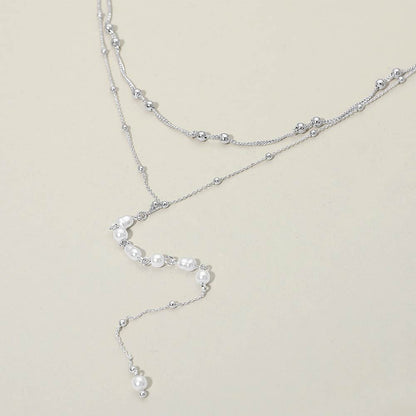 Madeline Love Cream, Silver Layered Pearl Drop Earrings - Necklaces