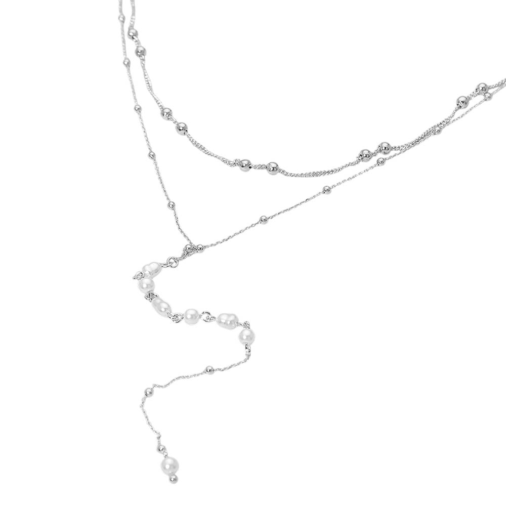 Madeline Love Cream, Silver Layered Pearl Drop Earrings - Necklaces - desc