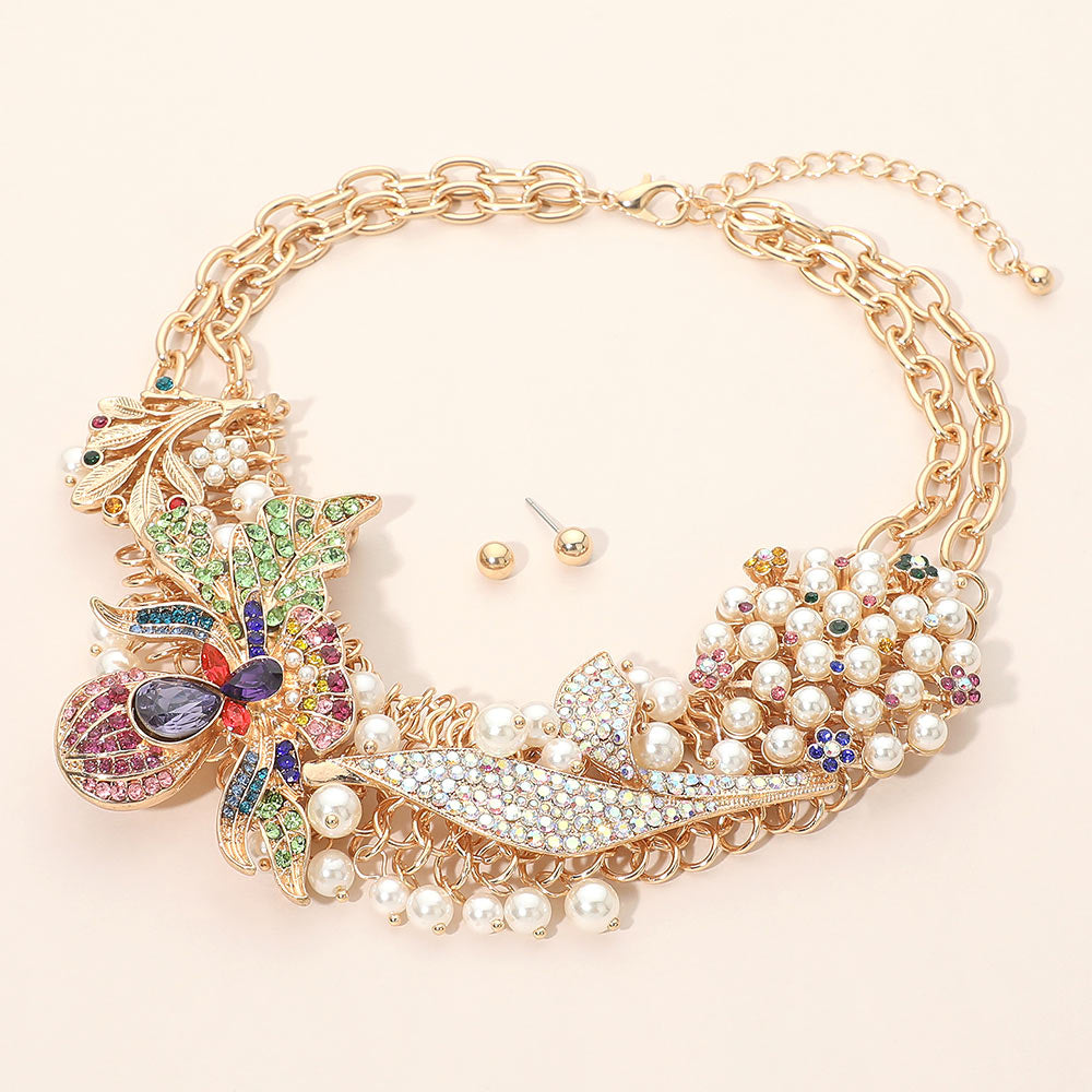 Madeline Love Gold, Multi Floral Leaf Motif Rhinestone Pearl Embellished Statement Necklace