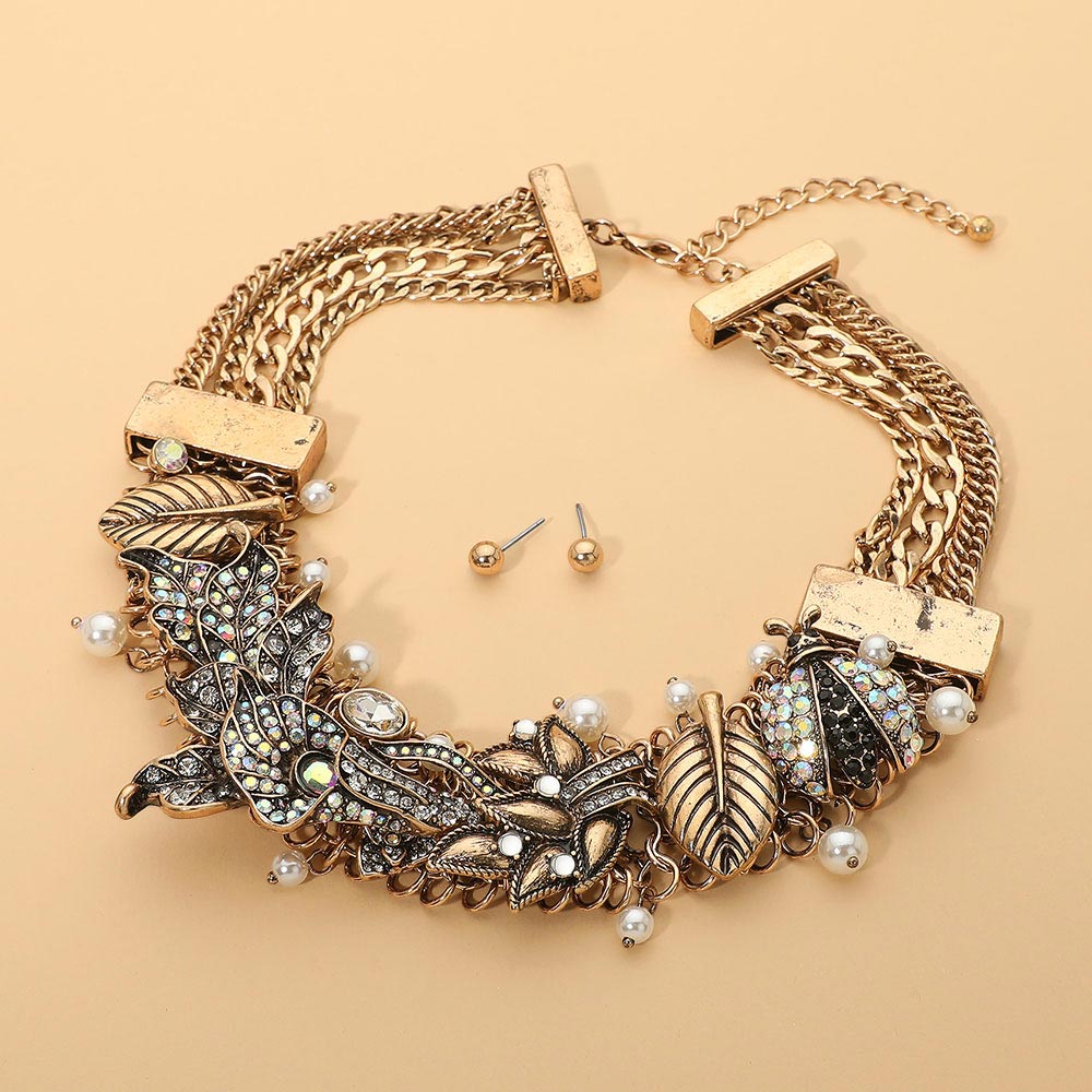 Madeline Love AB, Gold Vintage Nature Inspired Rhinestone Embellished Floral Ladybug Leaf Pearl Strand Statement Necklace