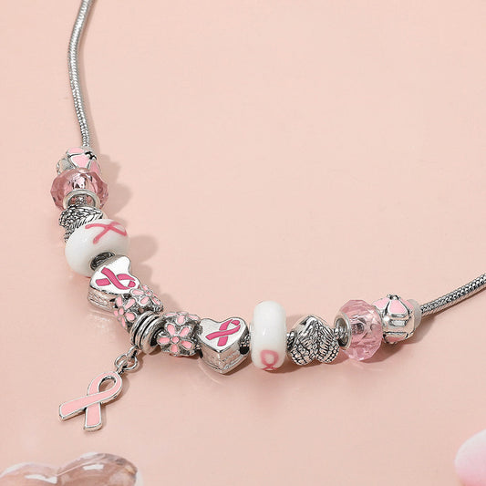 Pink Pink Ribbon Charm Accent Multi Beaded Necklace