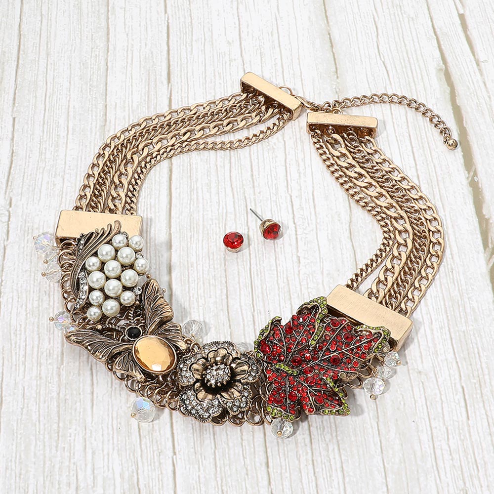 Madeline Love Clear, Gold, Rhodium Crystal Pearl Embellished Vintage Floral Butterfly Statement Necklace
