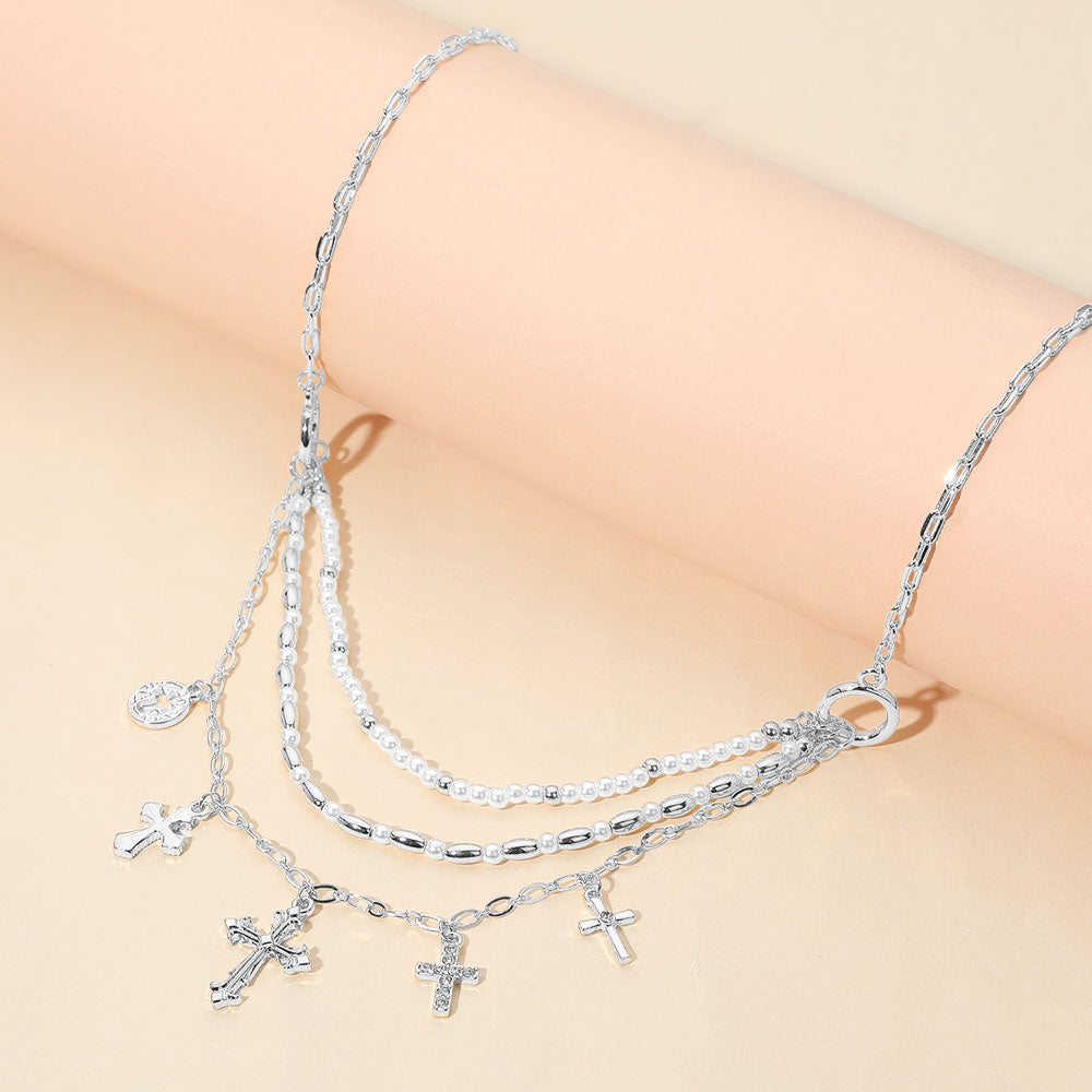 Madeline Love Clear, Silver Cross Charm Metal Pearl Beaded Multi Layered Necklace