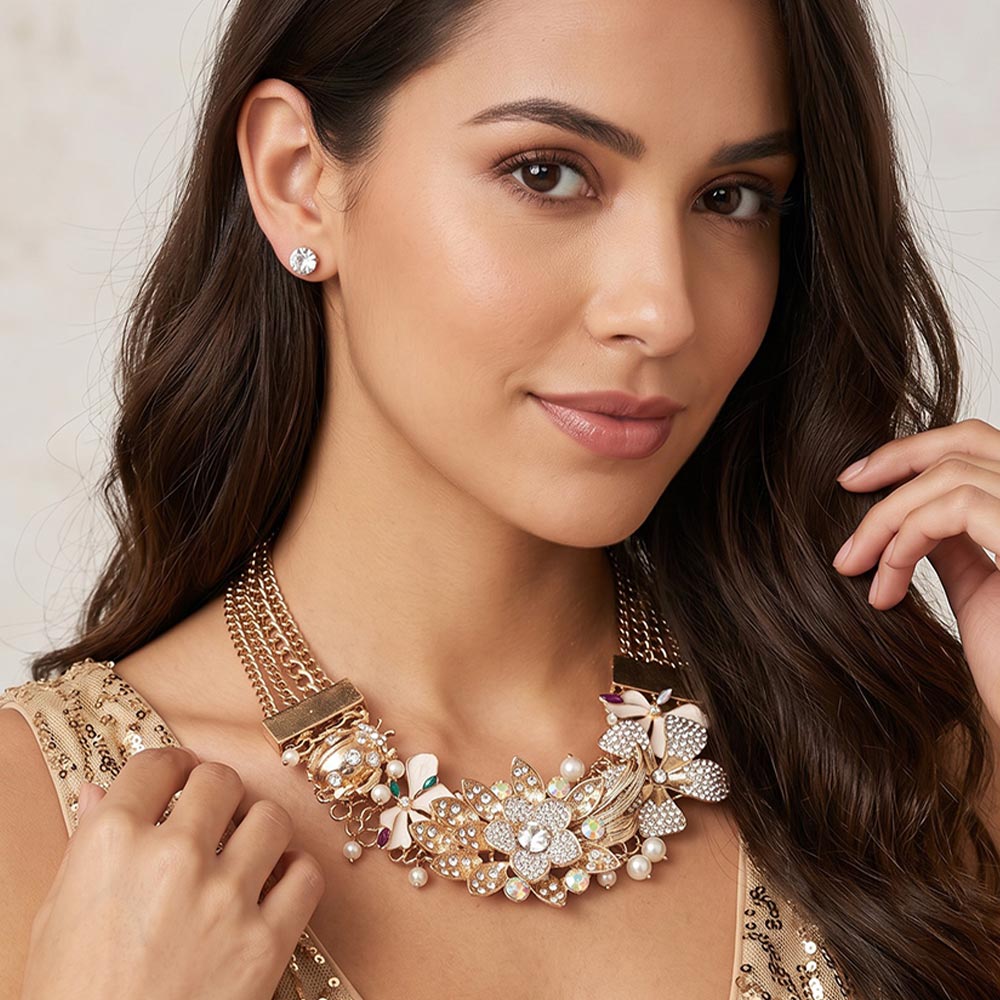 Madeline Love AB, Clear, Gold Rhinestone Pave Laydy Bug Floral Embellished Multi Chain Strand Statement Necklace