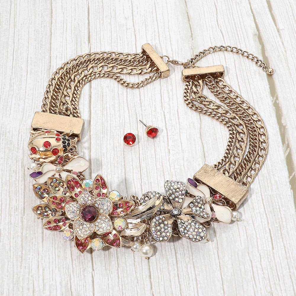 Madeline Love Gold, Multi, Pink Rhinestone Pave Laydy Bug Floral Embellished Multi Chain Strand Statement Necklace