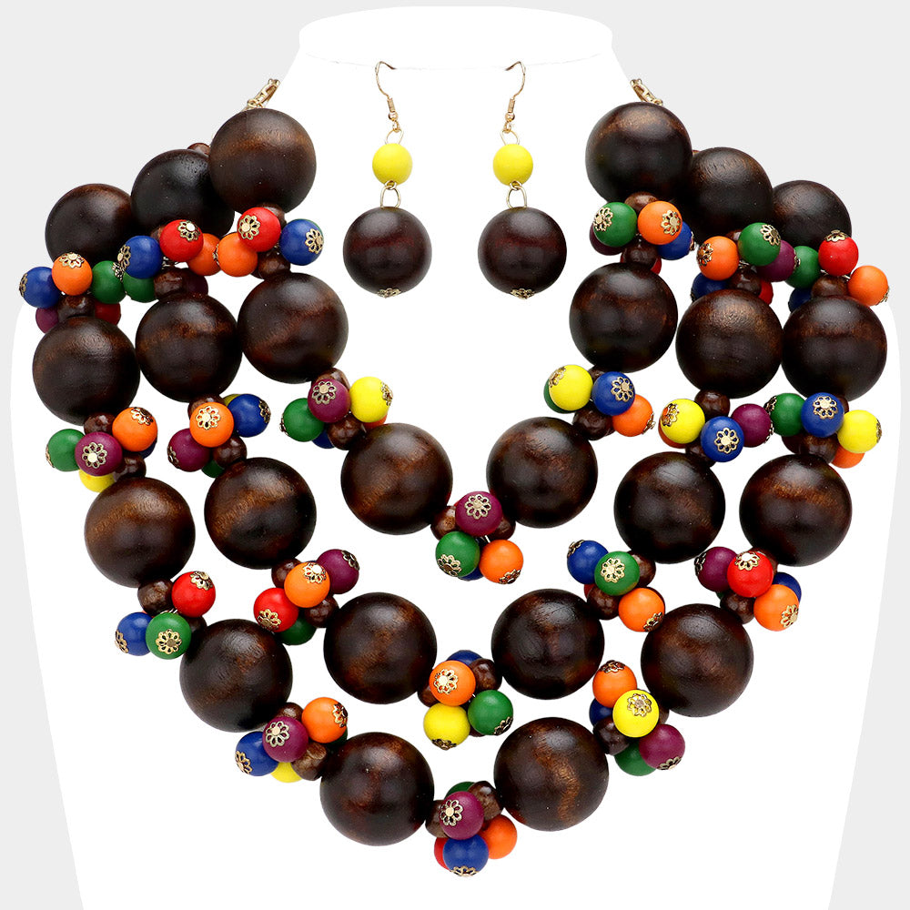 Madeline Love Multi, Wood Wood Ball Beaded Triple Layered Statement Necklace - Necklaces