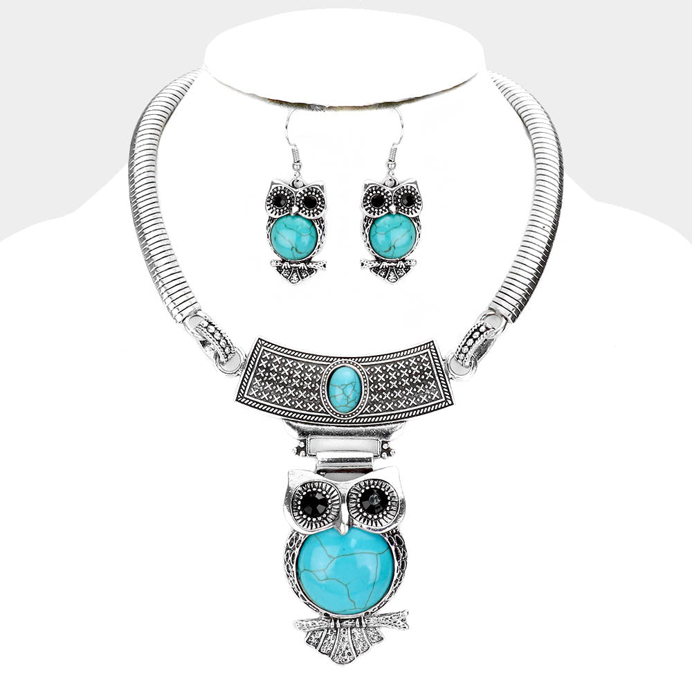 Madeline Love Turquoise Embossed Metal Owl Natural Stone Round Necklace - Necklaces