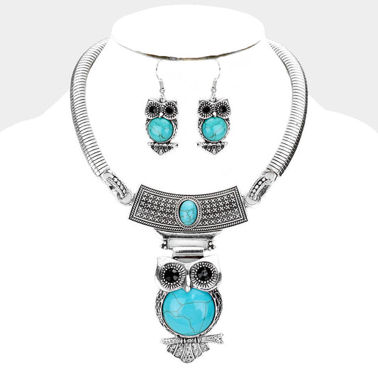 Madeline Love Turquoise Embossed Metal Owl Natural Stone Round Necklace - Necklaces