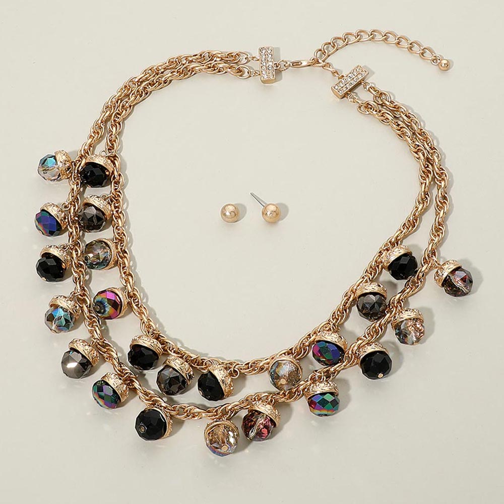 Madeline Love Black, Multi, Worn Gold Layered Beaded Charm Station Statement Necklace