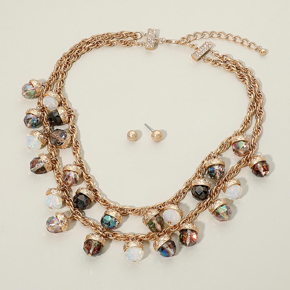 Madeline Love Multi, White, Worn Gold Layered Beaded Charm Station Statement Necklace