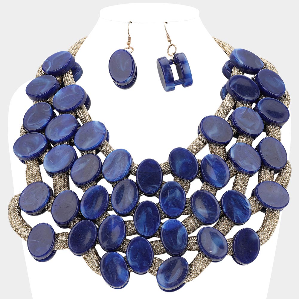 Madeline Love Blue, Gold Marbled Oval Bead Cluster Statement Necklace - Necklaces