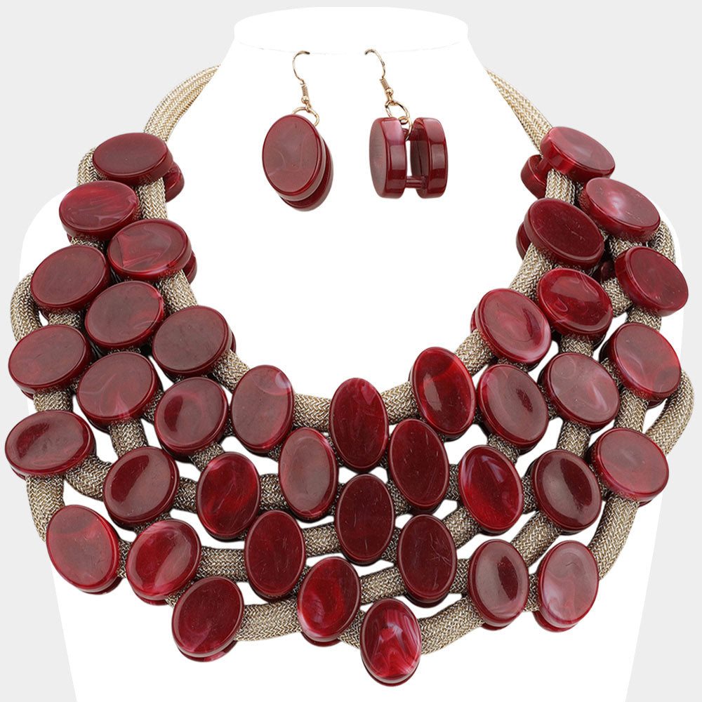 Madeline Love Burgundy, Gold Marbled Oval Bead Cluster Statement Necklace - Necklaces